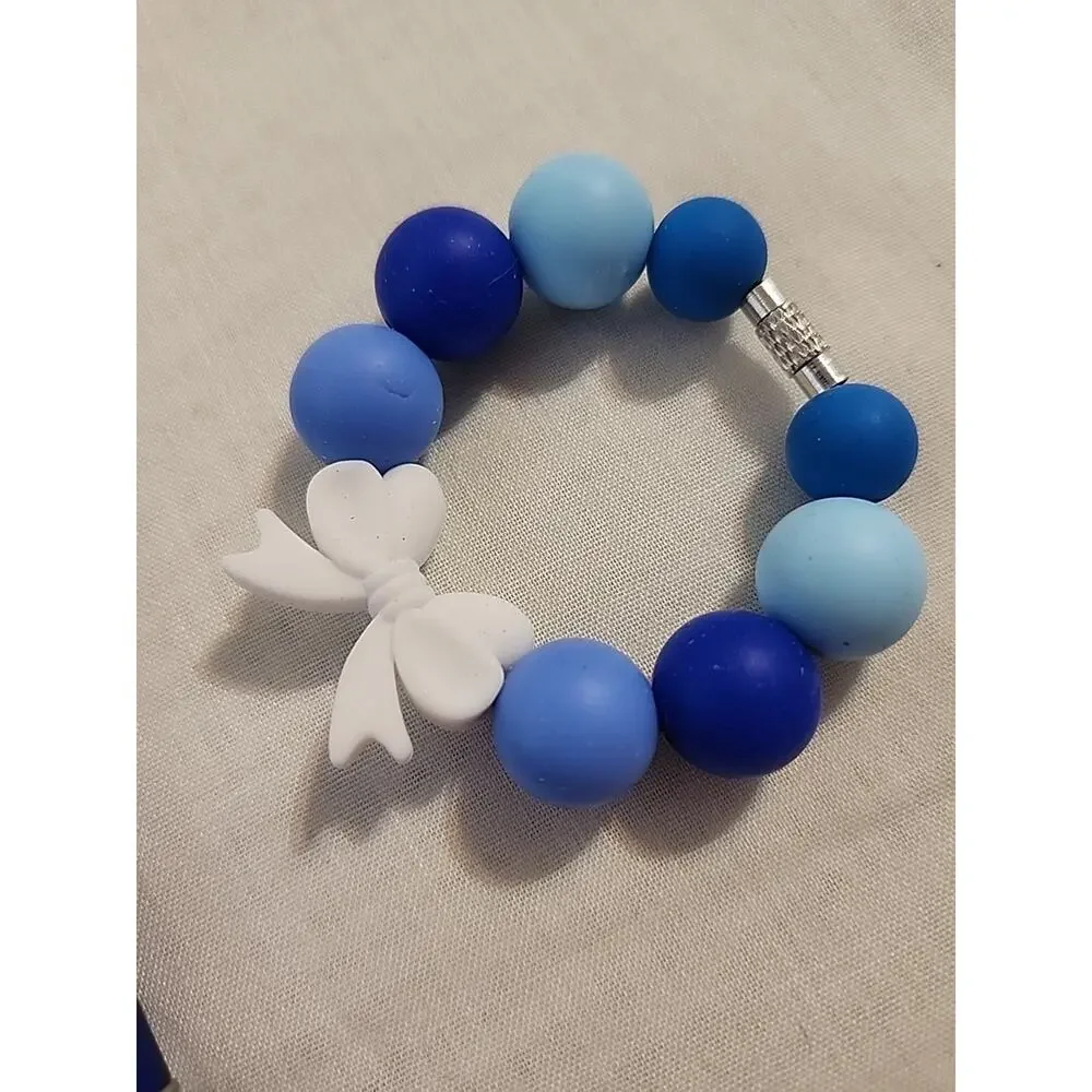 Bead Pen & Cup Charm Matching Combo Blue & White Bows Silicone Beads